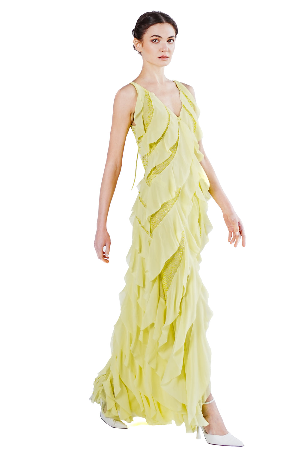 Julienne Multi-layer Chiffon Emb. Gown in Yellow