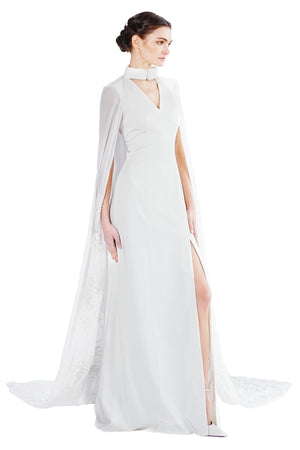 Marigold gown with lace embroidery cape