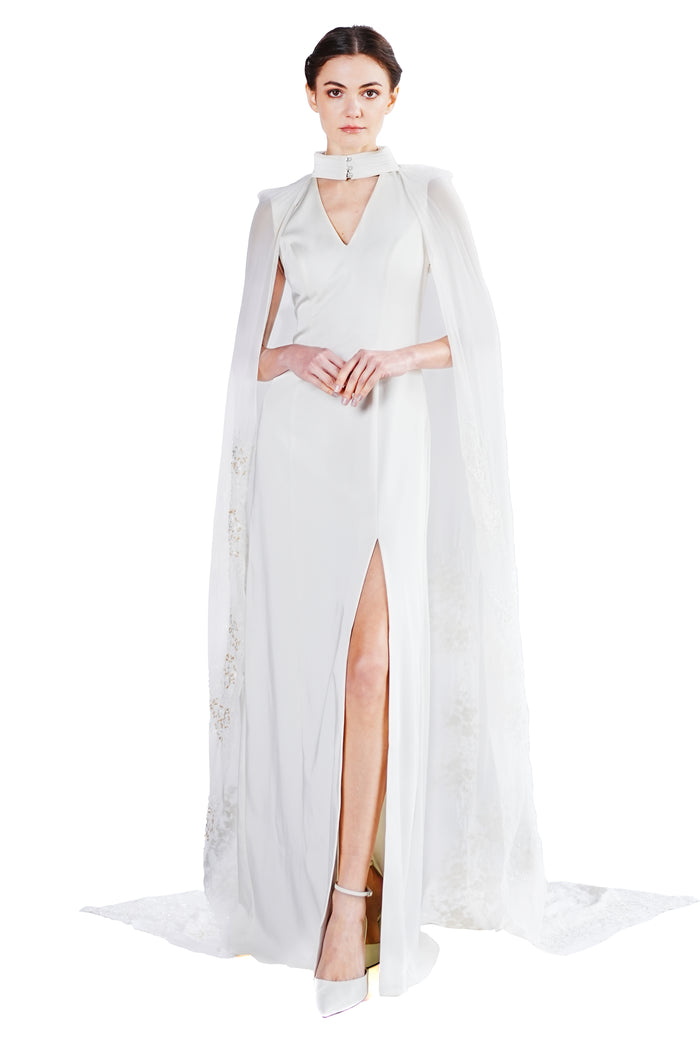 Marigold gown with lace embroidery cape