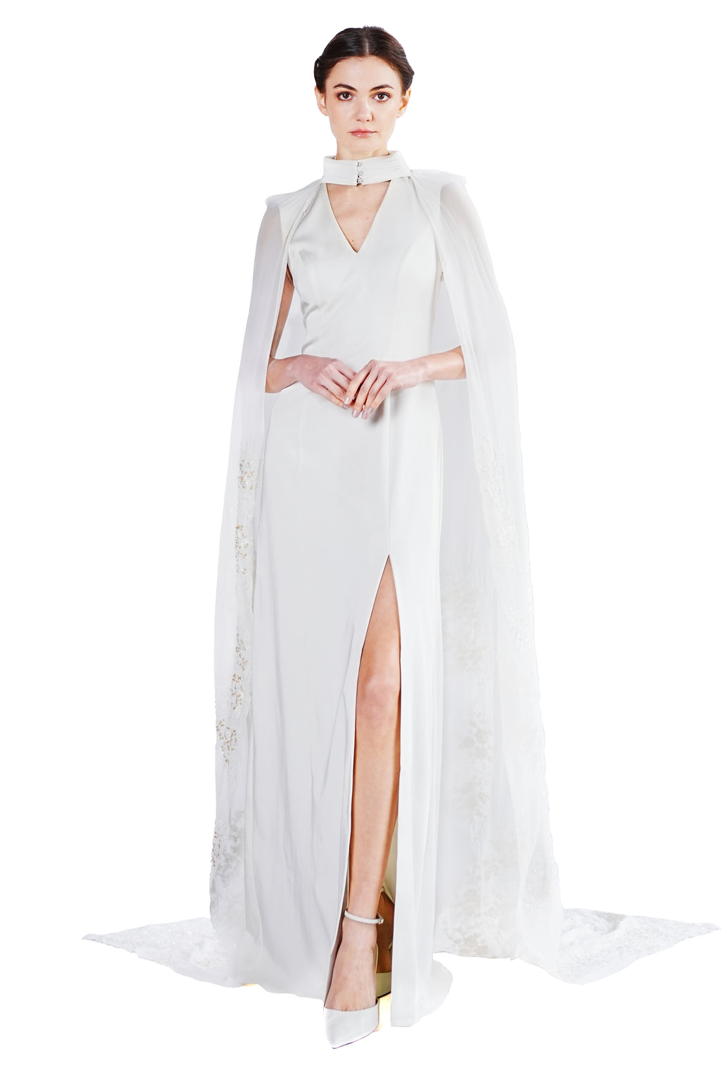 Marigold gown with lace embroidery cape