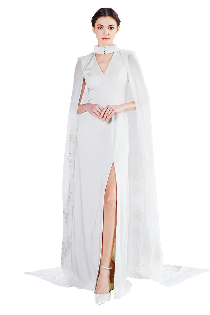 Marigold gown with lace embroidery cape
