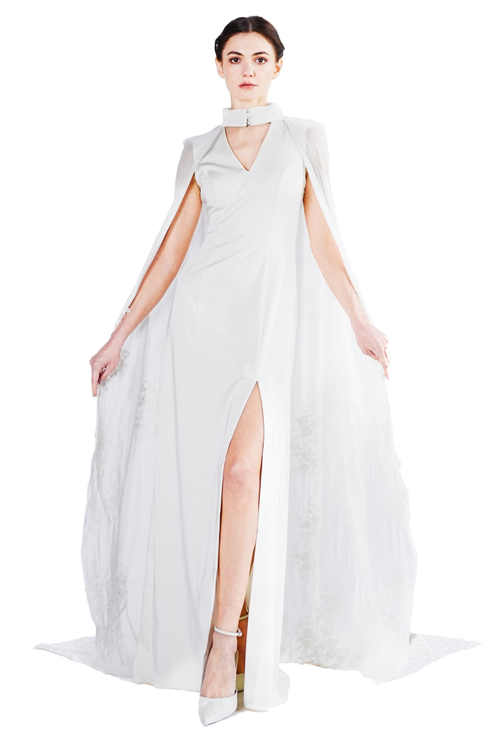Marigold gown with lace embroidery cape
