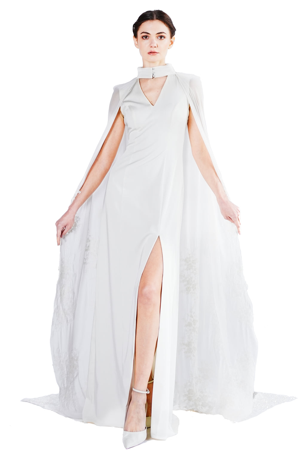 Marigold gown with lace embroidery cape