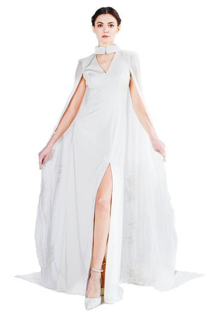 Marigold gown with lace embroidery cape
