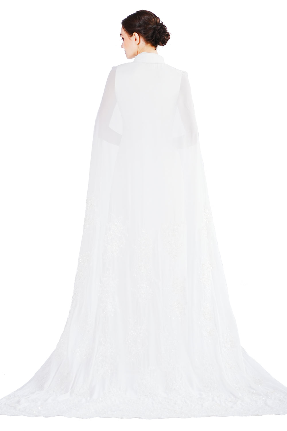 Marigold gown with lace embroidery cape