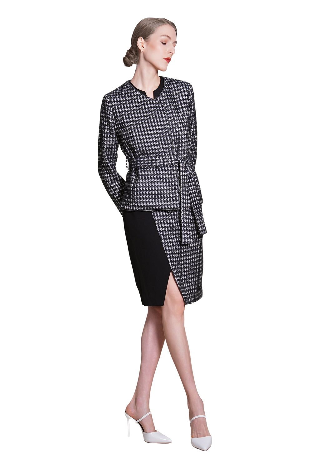 Reese Houndtooth Wool Tie Waist Jacket
