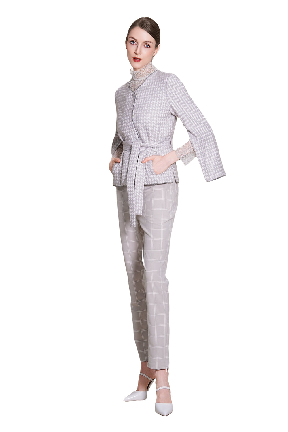 Reese Houndtooth Wool Tie Waist Jacket