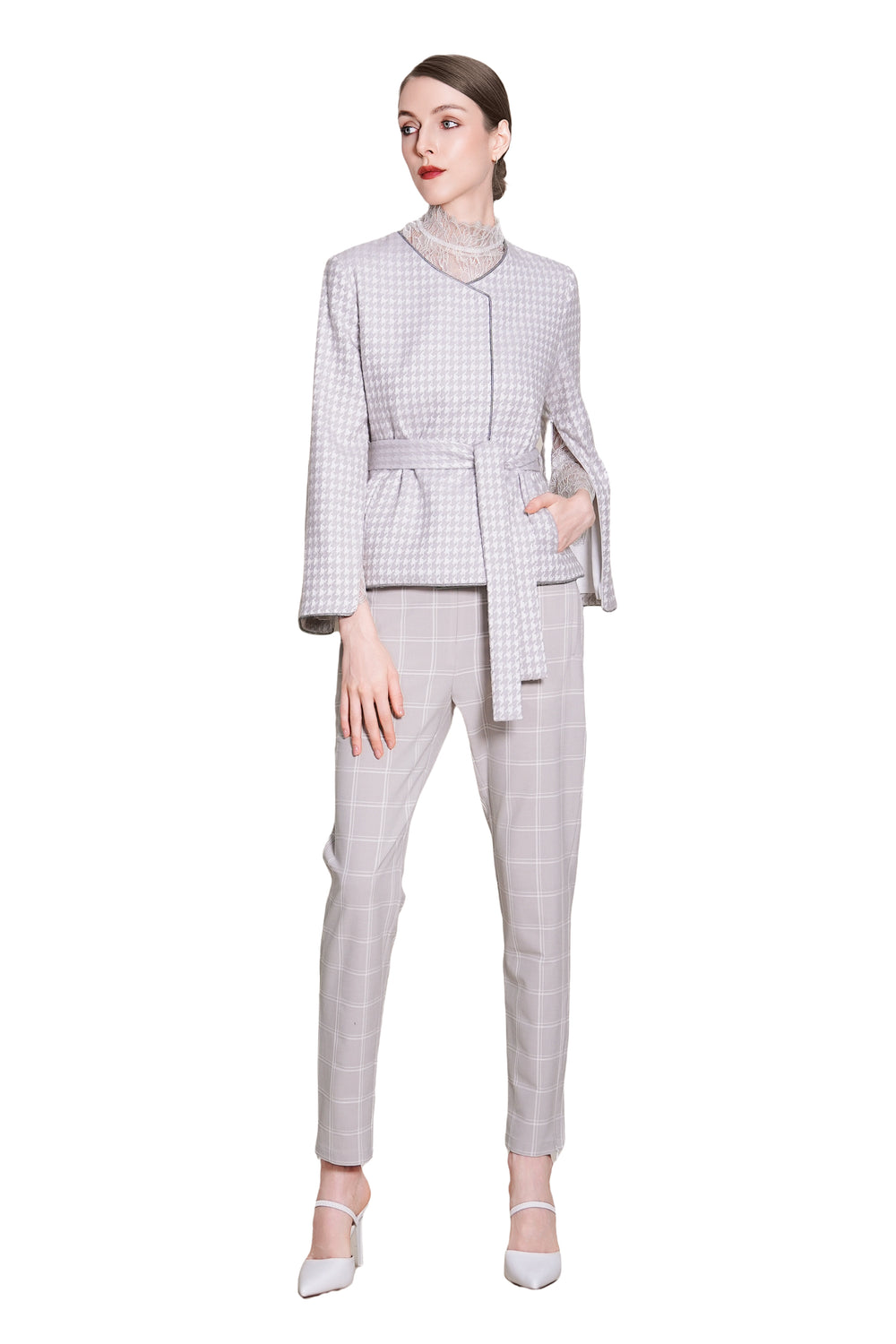 Reese Houndtooth Wool Tie Waist Jacket