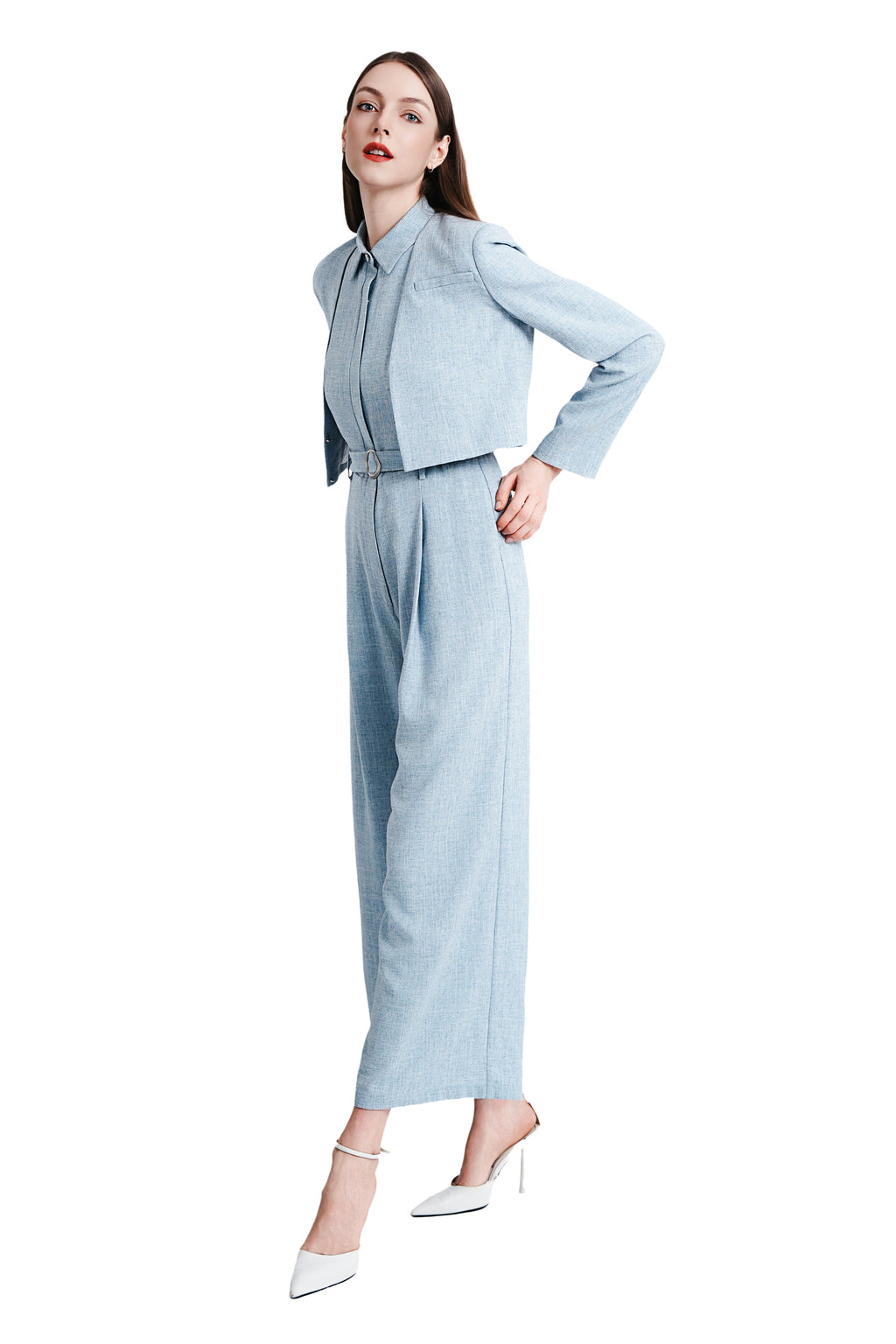 Xena Linen Cropped Jacket in Light Blue
