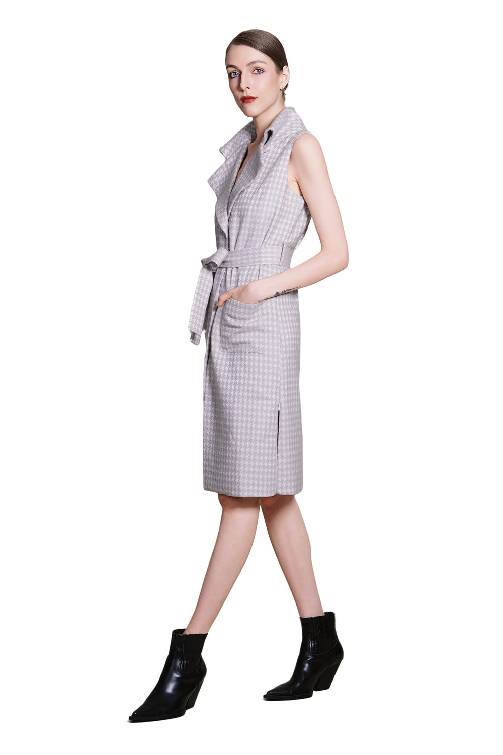 Bea Houndtooth Wool Maxi Sleeveless Trench