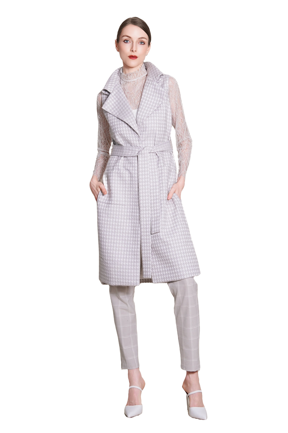 Bea Houndtooth Wool Maxi Sleeveless Trench