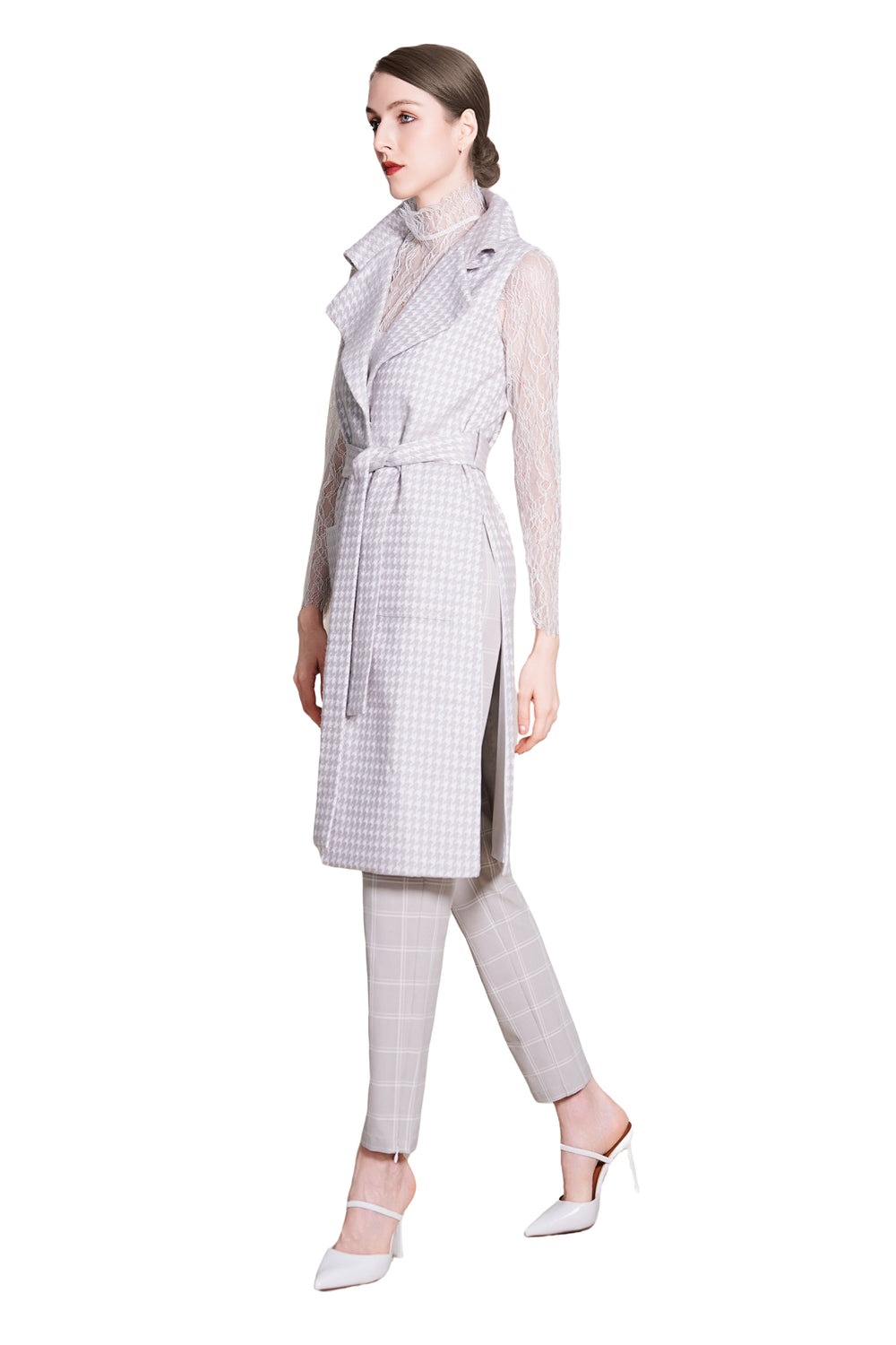Bea Houndtooth Wool Maxi Sleeveless Trench