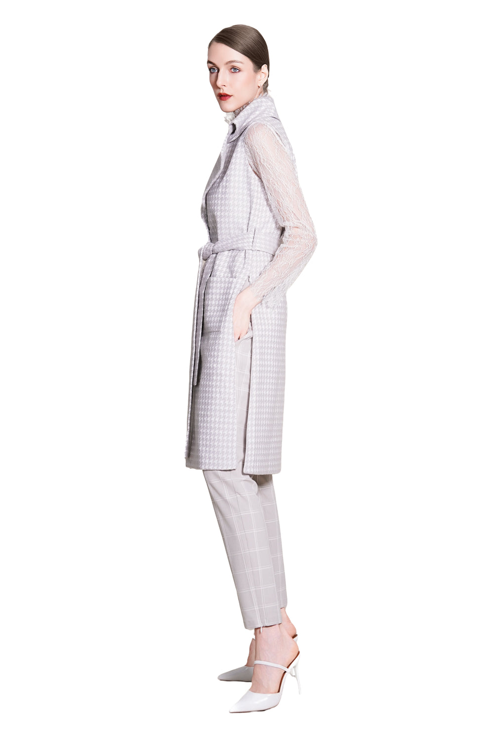 Bea Houndtooth Wool Maxi Sleeveless Trench