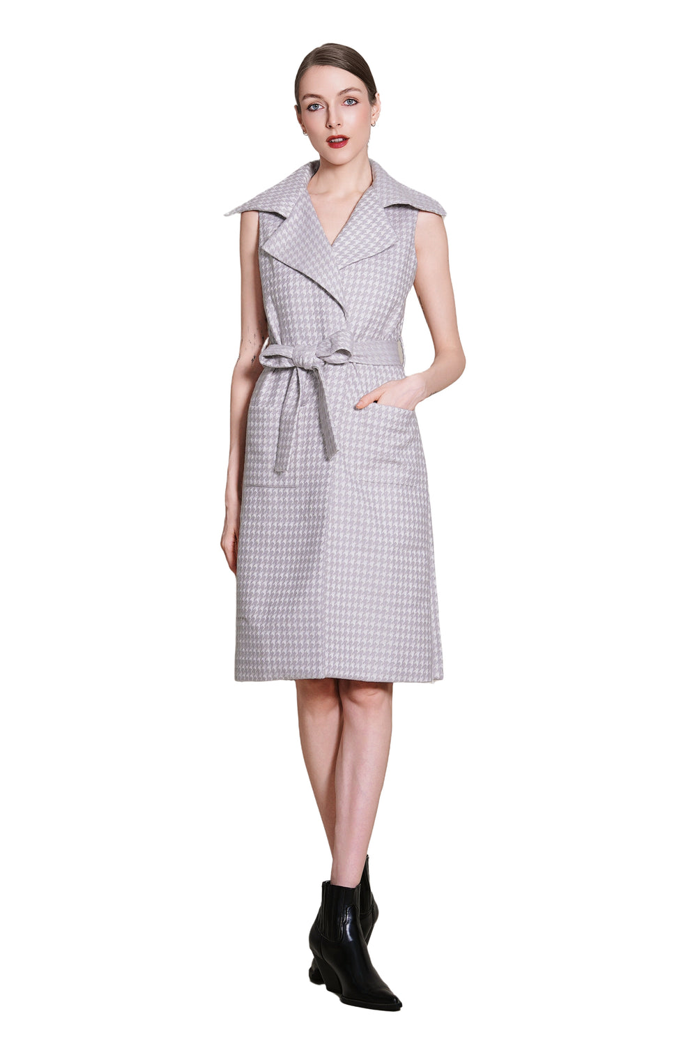 Bea Houndtooth Wool Maxi Sleeveless Trench