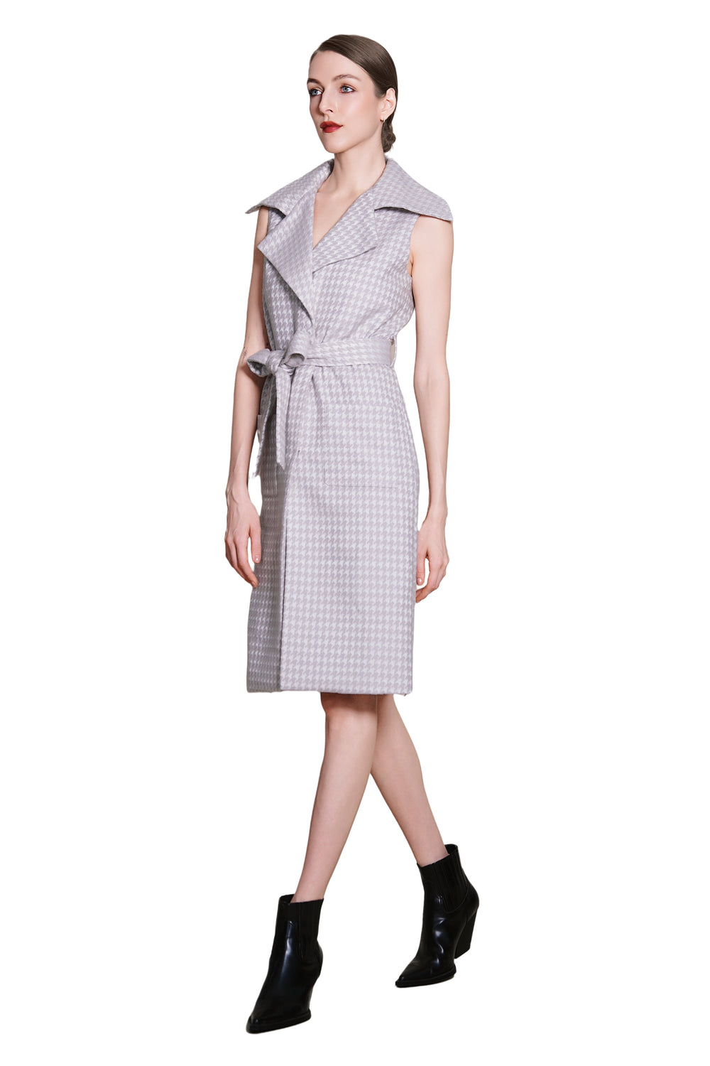 Bea Houndtooth Wool Maxi Sleeveless Trench