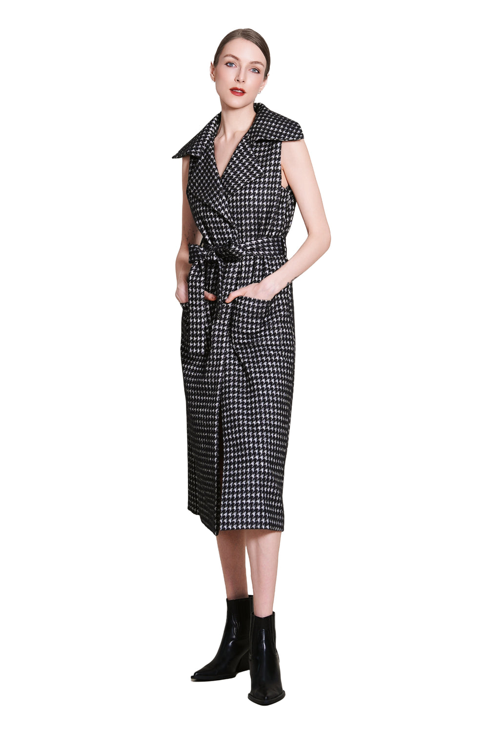 Bea Houndtooth Wool Maxi Sleeveless Trench
