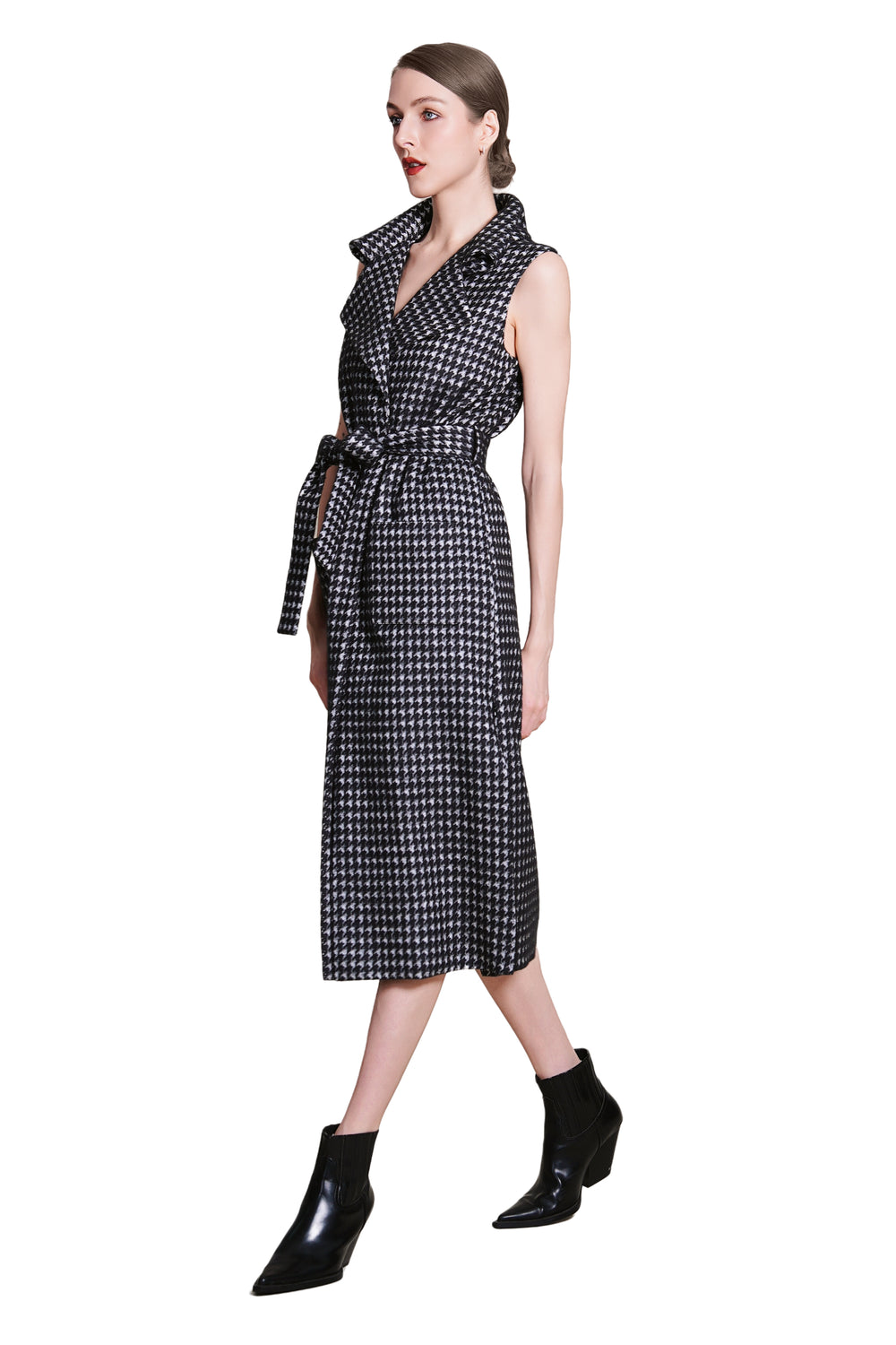 Bea Houndtooth Wool Maxi Sleeveless Trench
