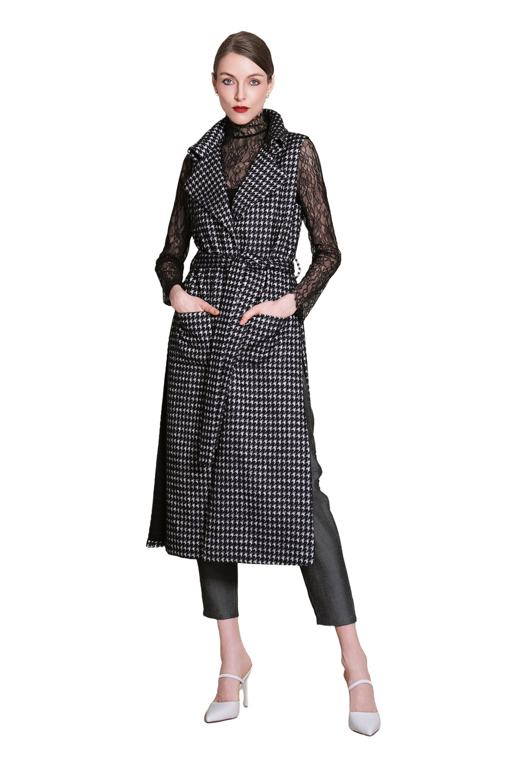 Bea Houndtooth Wool Maxi Sleeveless Trench