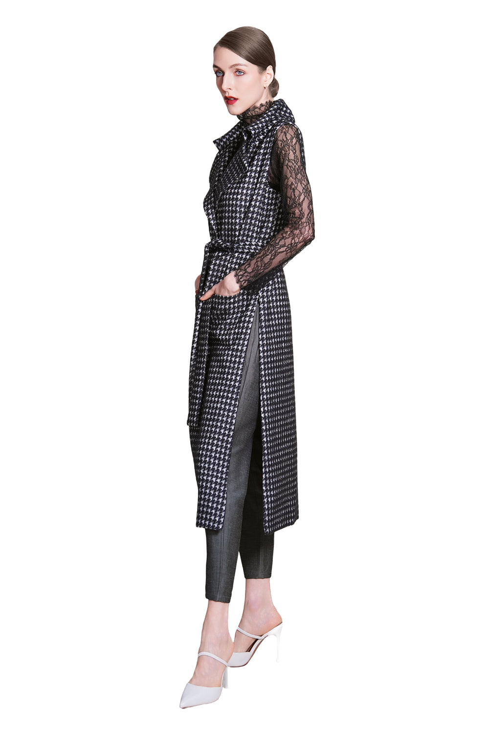 Bea Houndtooth Wool Maxi Sleeveless Trench