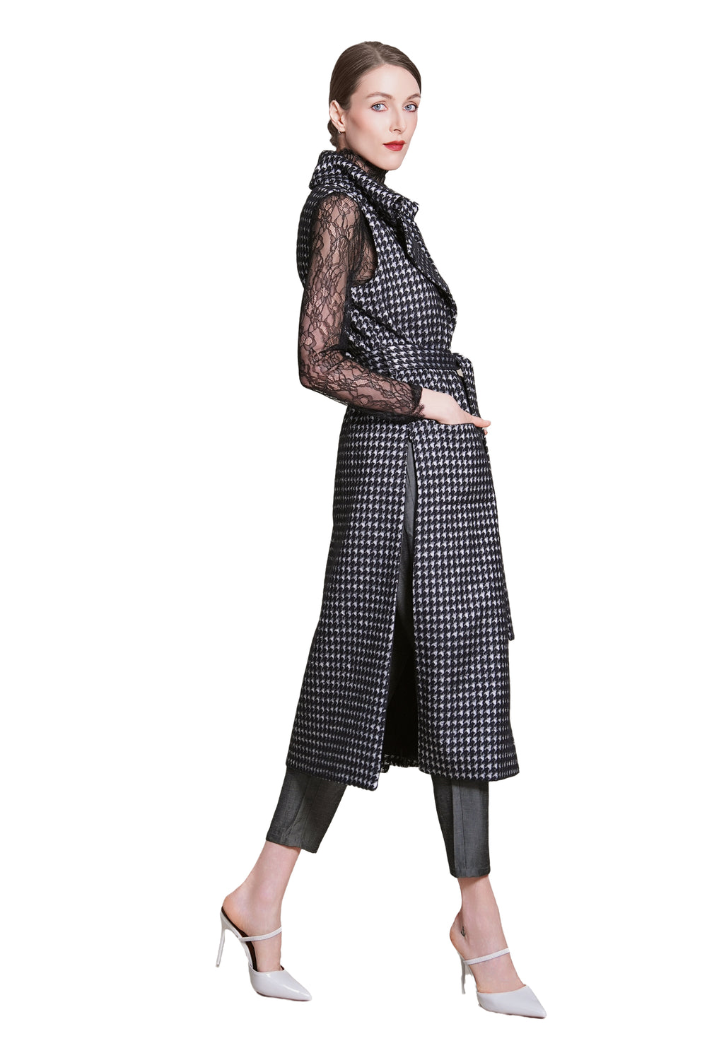 Bea Houndtooth Wool Maxi Sleeveless Trench