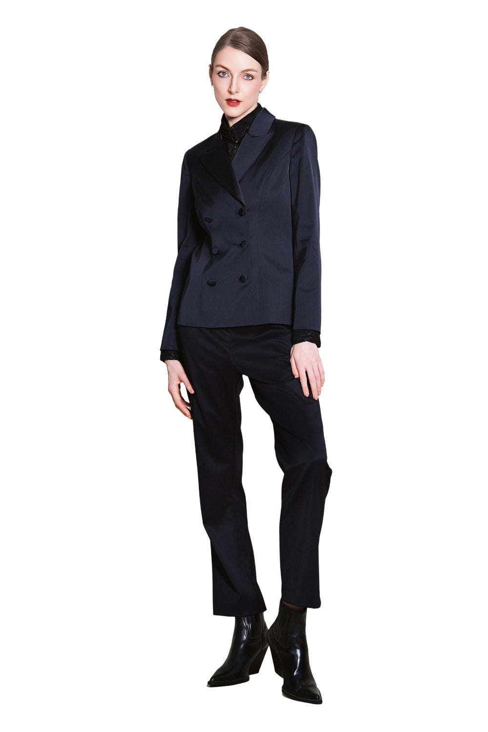 Jadina Satine Pinstripes Double Breasted Blazer in Dark Blue