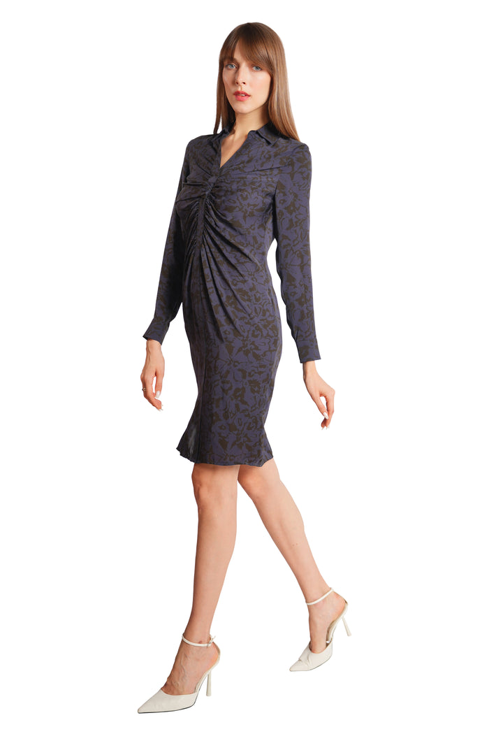 Chloe Silk Shirtdress in Dark Blue Print