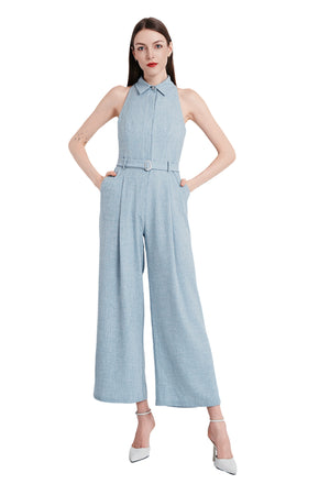 Miucia Linen Halter Jumpsuit in Light Blue