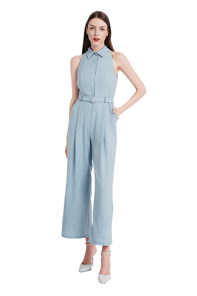 Miucia Linen Halter Jumpsuit in Light Blue