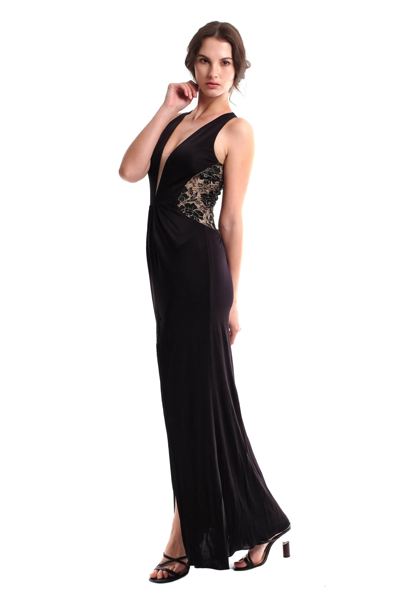 Scarlet Luxe Jersey Gown in Metallic French Lace in Black