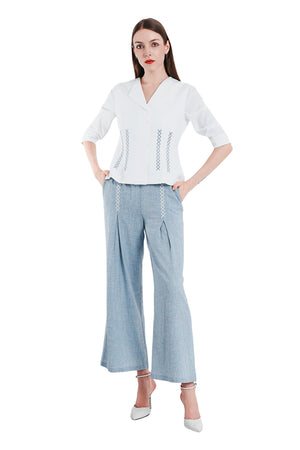 Anisha Linen Embroidery Open Collar Top
