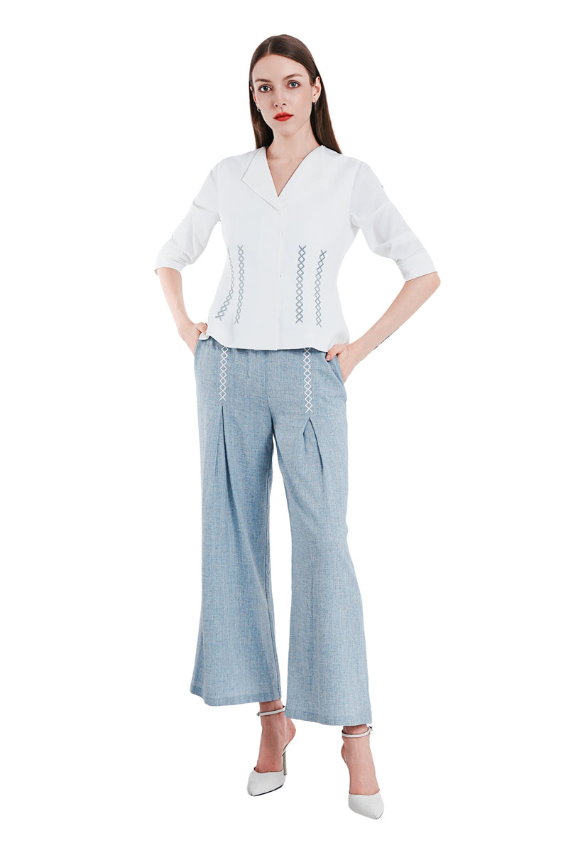 Anisha Linen Embroidery Open Collar Top