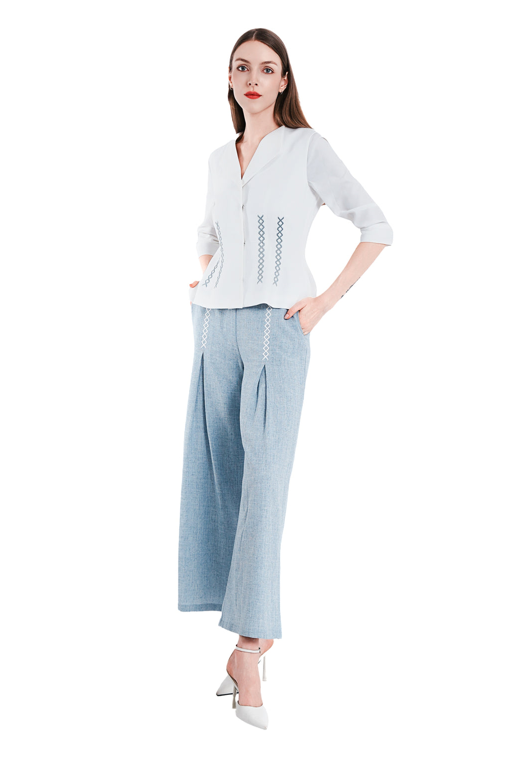 Anisha Linen Embroidery Open Collar Top