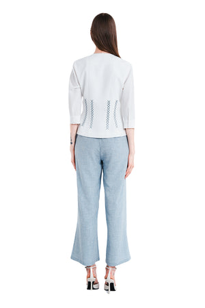 Anisha Linen Embroidery Open Collar Top