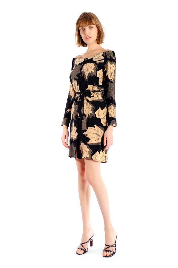 Tonia Off-Shoulder Silk Print Shirt Dress