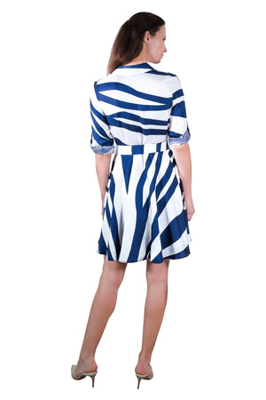 Kelly Silk Shirt Dress in White and Blue Print