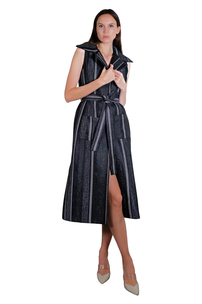 Bea Maxi Sleeveless Tweed Trench in Dark Blue/Grey