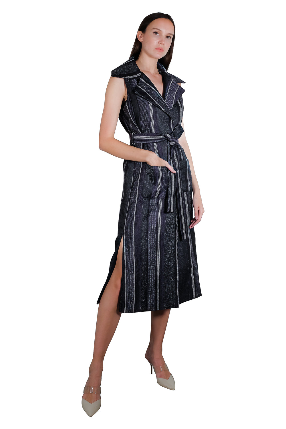 Bea Maxi Sleeveless Tweed Trench in Dark Blue/Grey