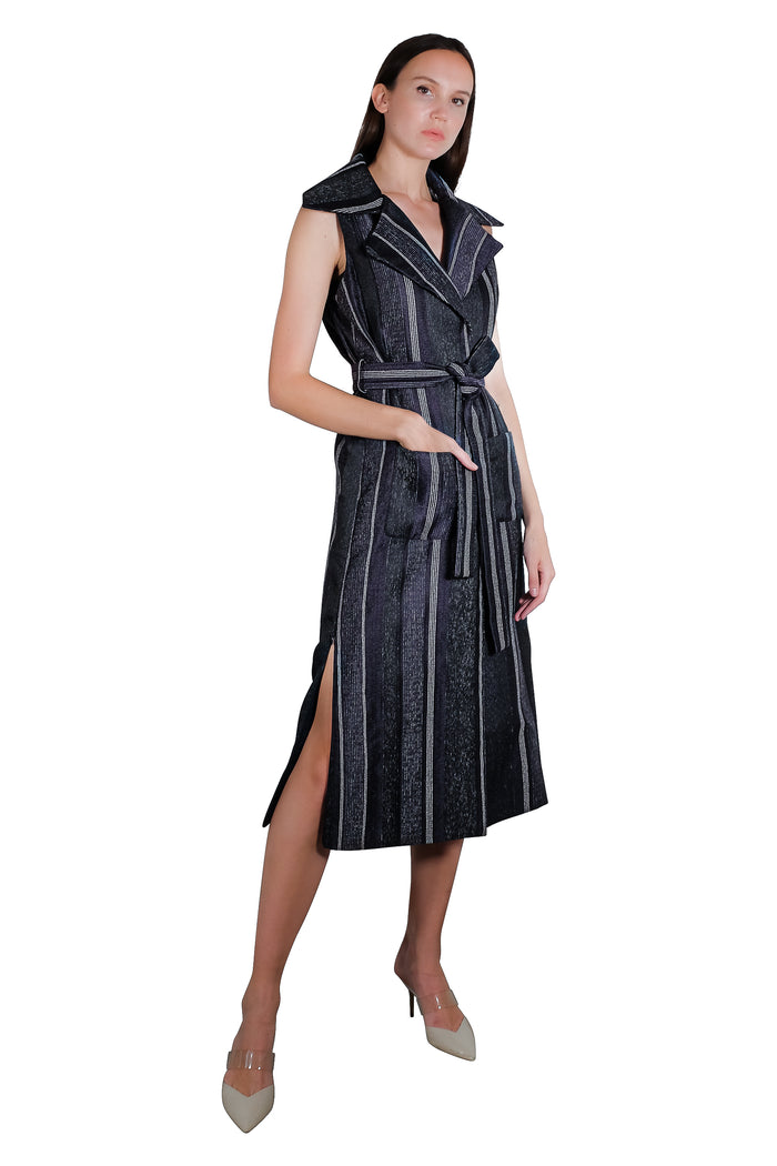 Bea Maxi Sleeveless Tweed Trench in Dark Blue/Grey